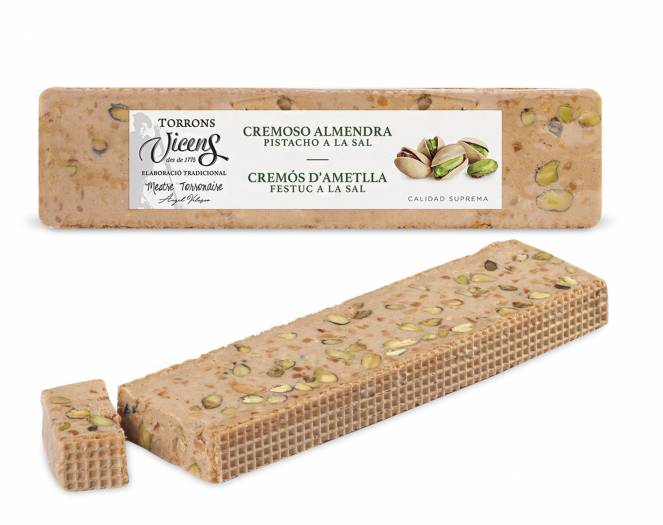 turrn cremoso de almendra y pistacho a la sal alargado 300gr