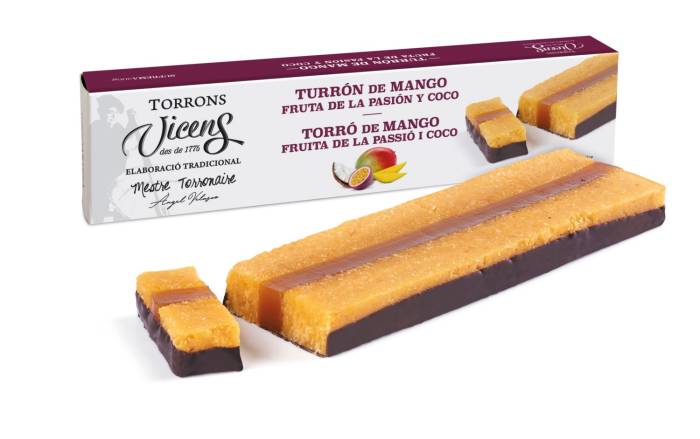 turrn de mango, fruta de la pasin y coco en estuche 300g